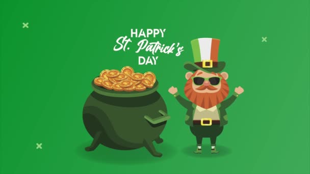 Feliz santo patricks día letras con duende carácter y tesoro caldero — Vídeo de stock