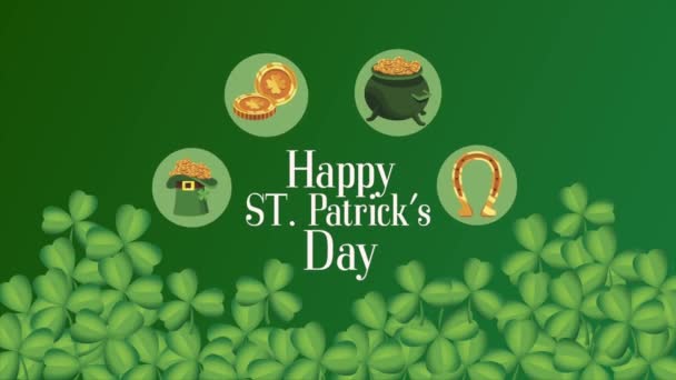Glücklicher Heiliger Patricks Day Schriftzug mit Kleeblättern und gesetzten Ikonen — Stockvideo
