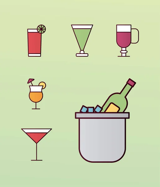 Bundle of six cocktails set icons in green background — Stock Vector