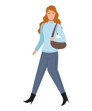 Genç iş kadını zarif el çantasıyla ofise geri dönüyor.