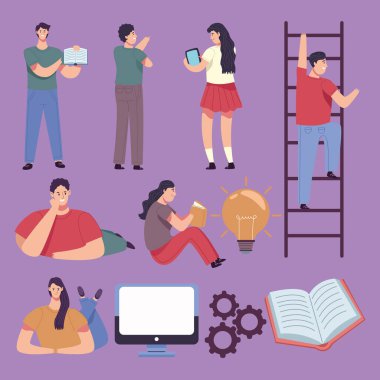 bir grup okuyucu elinde kitap ve simge olan insanlar