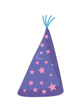 Mutlu yıllar mor şapkalı yıldız desenli izole ikon