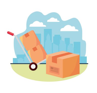 Şehir dağıtım simgelerinin üzerindeki kutular, el arabasında.