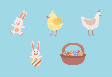 Tavuklar ve yumurtalar sepete boyanmış bir grup Paskalya tavşanı.