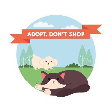 Bahçede kedi ve köpekle kurdeleli bir dükkan kiralama.