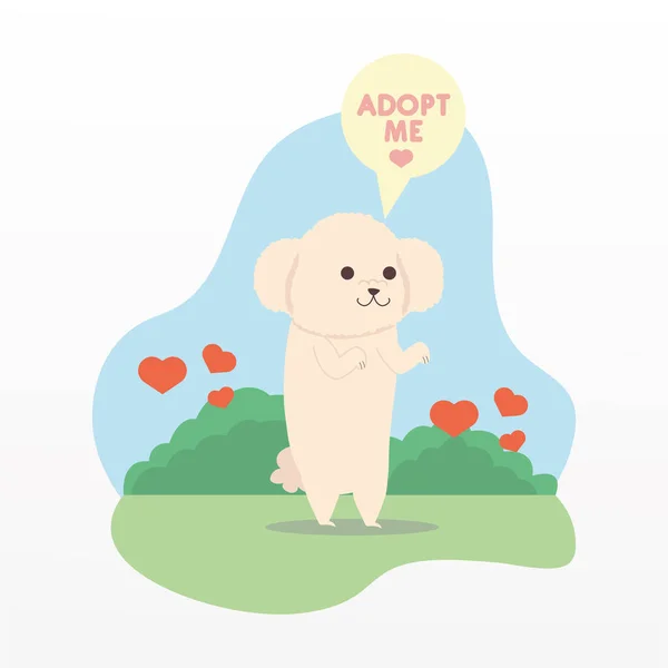 Adopter moi lettrage dans le discours bulle de chien dans le jardin — Image vectorielle