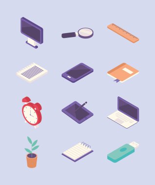 12 iş yeri ekipman simgesi demeti