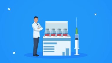 Covid19 aşısı ve şişesi olan bir doktor.