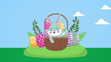 Güzel tavşan ve yumurtalarla dolu mutlu bir Paskalya günü.