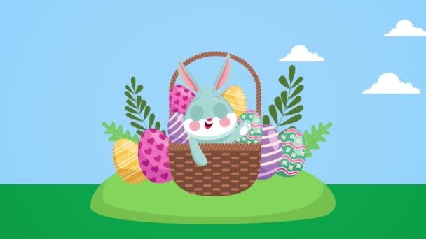 Feliz día de Pascua con conejo lindo y huevos en la cesta — Vídeos de Stock