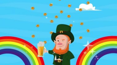 Mutlu Aziz Patricks Günü Leprikon Gökkuşağı ve sikkelerle bira içiyor