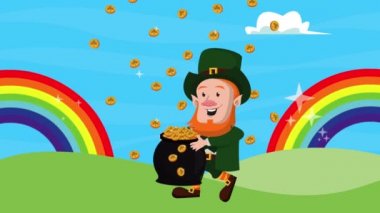 Mutlu Aziz Patricks Günü Leprikon Hazine kazanı ve gökkuşağı tarlasında