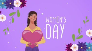 Mutlu kadınlar günü kartpostalında kalp ve çiçek kaldıran bir kadın var.