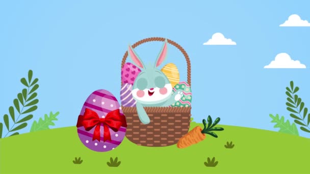 Feliz día de Pascua con conejo lindo y huevos en escena de primavera cesta — Vídeos de Stock