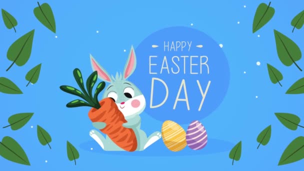 Frohe Ostertage Schriftzug mit Kaninchen umarmt Karotte und Eier — Stockvideo