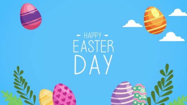 Счастливый пасхальный день буквы с яйцами окрашены и листья в небе — стоковое видео