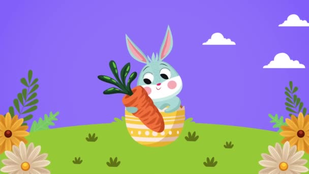 Fröhliche Ostertage mit niedlichen Kaninchen, die Karotte im Garten umarmen — Stockvideo