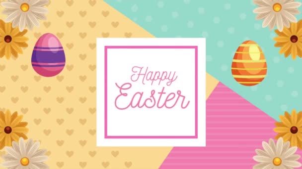 Feliz dia de Páscoa lettering em quadro quadrado com ovos e flores — Vídeo de Stock