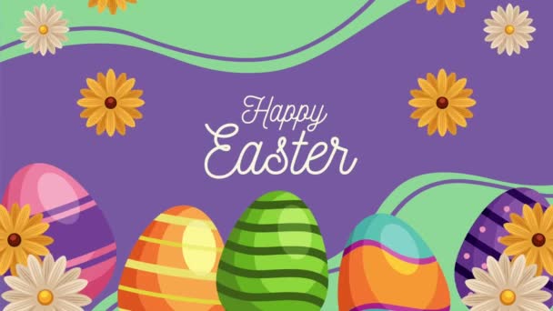 Щасливий великодній день з яйцями, розфарбованими і весняними квітами — стокове відео