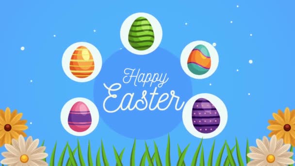 Feliz Páscoa dia lettering com ovos pintados ao redor e flores jardim — Vídeo de Stock