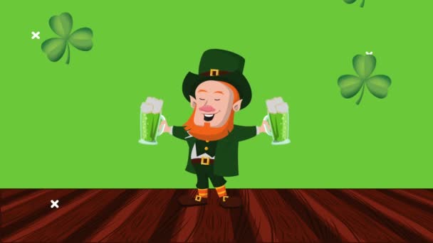 Feliz santo patricks dia duende com bebidas cervejas — Vídeo de Stock