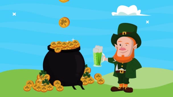 Feliz santo patricks dia duende beber cerveja com caldeirão tesouro — Vídeo de Stock