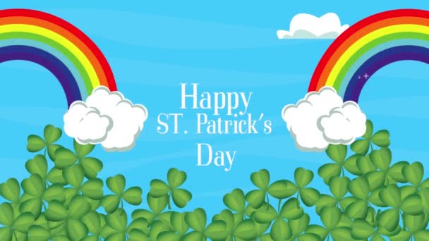 Happy saint patricks day lettering with clovers and rainbows in the sky — Stock Video