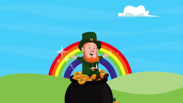幸せな聖人のパトリック日leprechownで虹と宝のコルドロン — ストック動画