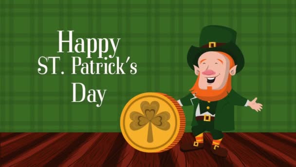 Happy saint patricks day lettering with leprechaun and coin — Stock Video