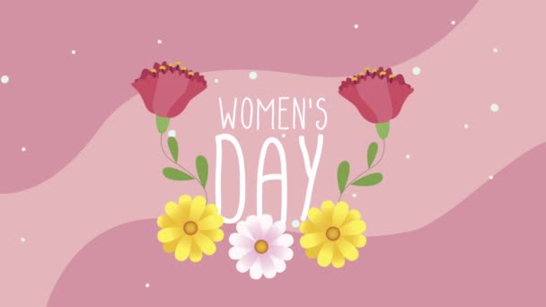 Happy womens day lettering card with roses and yellow flowers — Stock Video