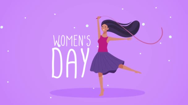 Gelukkig vrouwen dag belettering kaart met vrouw dansen — Stockvideo