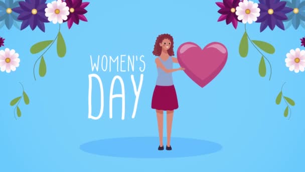 Carta lettering felice giorno delle donne con fiori e donna cuore di sollevamento — Video Stock