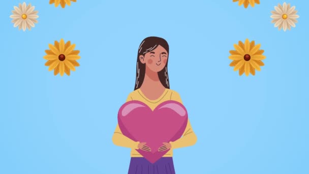 Щаслива жіноча денна листівка з жінкою, що піднімає серце та квіти — стокове відео