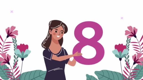 Gelukkige vrouwen dagkaart met vrouw tillen nummer acht in de tuin — Stockvideo