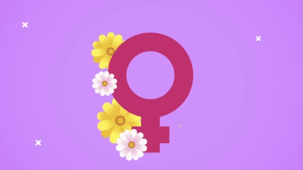 Happy womens day card med kvinnlig könssymbol och blommor — Stockvideo