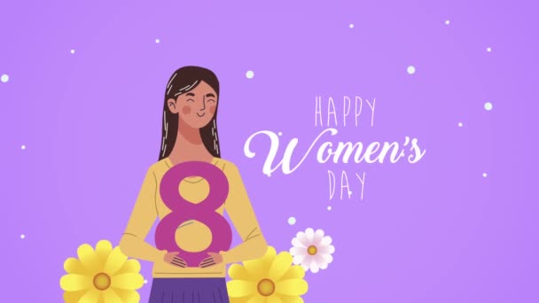 Happy womens day lettering card with girl lifting number eight — Stock Video