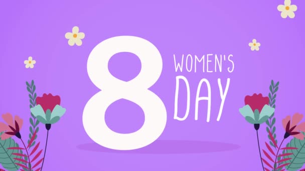 Wanita bahagia kartu surat hari dengan bunga dan nomor delapan — Stok Video