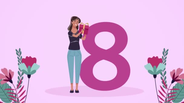 Щаслива жіноча денна листівка з дівчиною і номером вісім — стокове відео