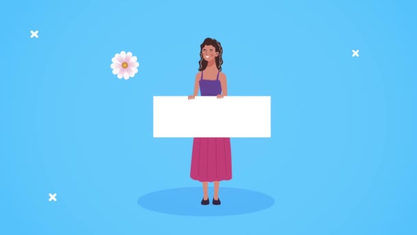 Glad womens dag kort med kvinna lyfta banner och blommor mönster — Stockvideo