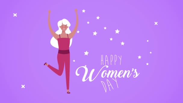 Happy womens day lettering card with cute girl and stars — Stock Video