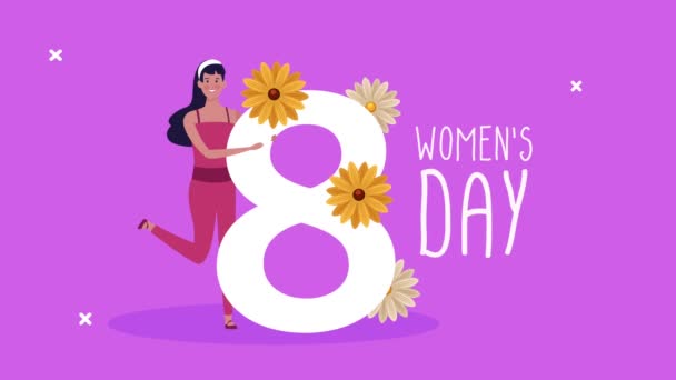 Счастливая открытка на женский день с девушкой и номером восемь — стоковое видео