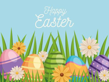 Mutlu Paskalya mektupları. Bahçede yumurtalar ve çiçekler var.