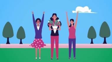 Kampta kutlama yapan kızların olduğu mutlu kadınlar günü kartı.