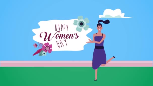 Feliz dia das mulheres lettering cartão com mulher no jardim — Vídeo de Stock