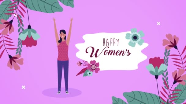Fericit ziua femeii scrisori carte cu femeie sărbătoare și flori — Videoclip de stoc