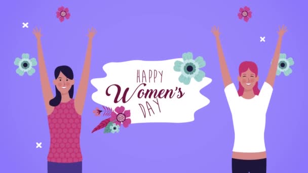 Kutlayan kızlar ve çiçeklerle dolu mutlu kadınlar günü mektupları. — Stok video