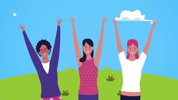 Щаслива жіноча денна листівка з дівчатами, що святкують у полі — стокове відео