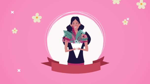 Щаслива жіноча денна листівка з дівчиною, що піднімає букет квітів у круговій рамці — стокове відео