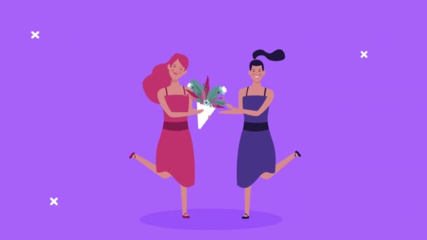 Gelukkig vrouwen dagkaart met meisjes paar en bloemen boeket — Stockvideo