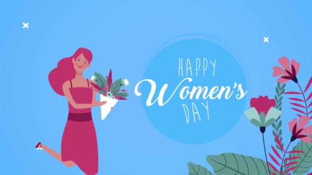 幸せな女性日レタリングカードとともに女性持ち上げバラ花束 — ストック動画
